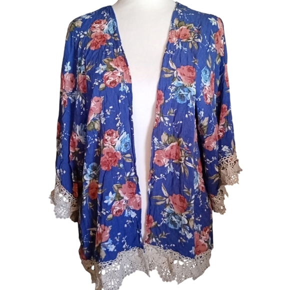 Umgee Floral Open Front Kimono Lace Trim Size Small Boho Festival Cottagecore - Picture 3 of 9